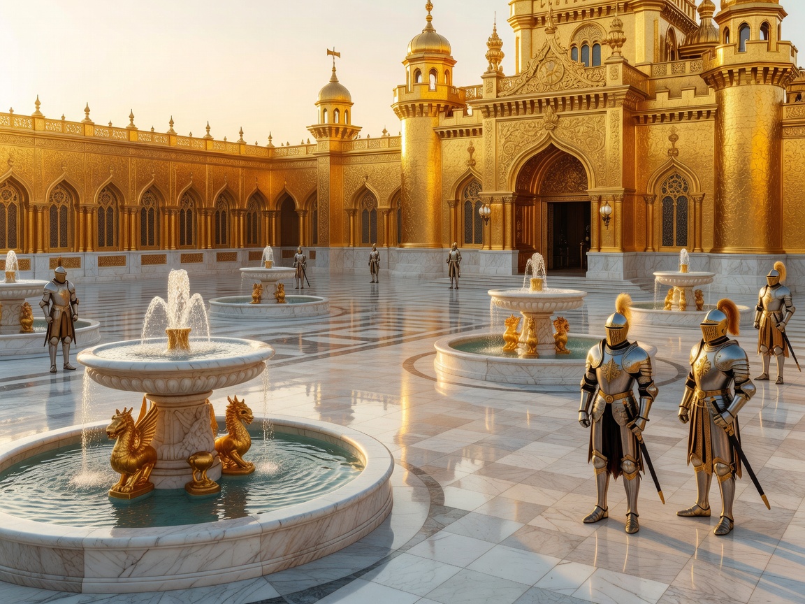 Golden castle with a marble courtyard, decorative fountains, and knights standing guard