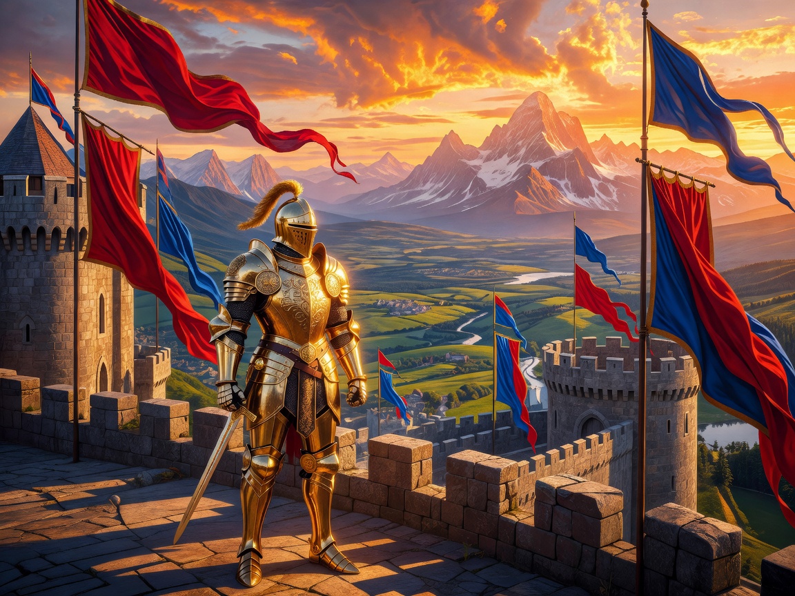 Golden Knight overlooking the kingdom from castle walls with mountains, sunset, and royal banners