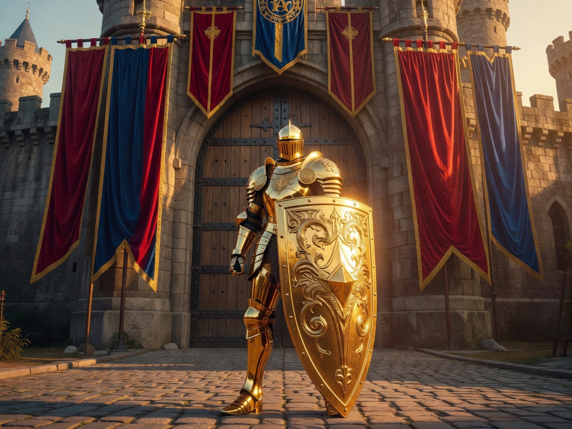 Heroic Golden Knight with a massive engraved shield, royal banners, and castle gate in warm golden lighting